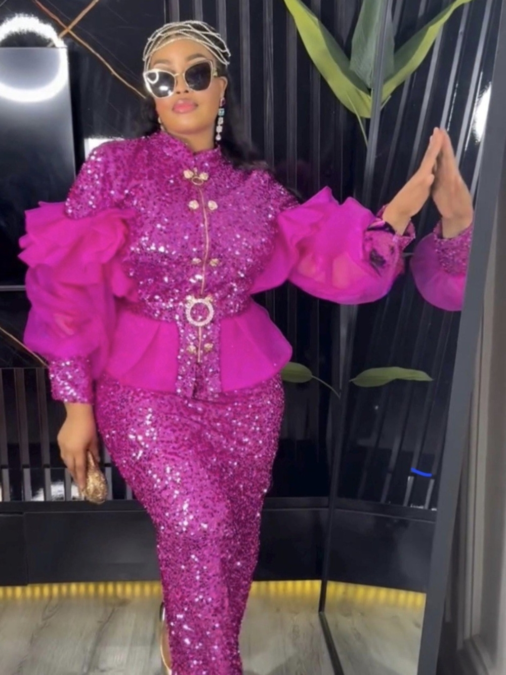 Fuchsia Pink Long Sleeve Sequin Peplum Dress